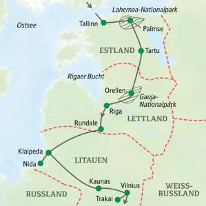 Karte der geführten Rundreise im Baltikum, die in Tallinn startet und über Riga und Klaipeda bis nach Vilnius führt.