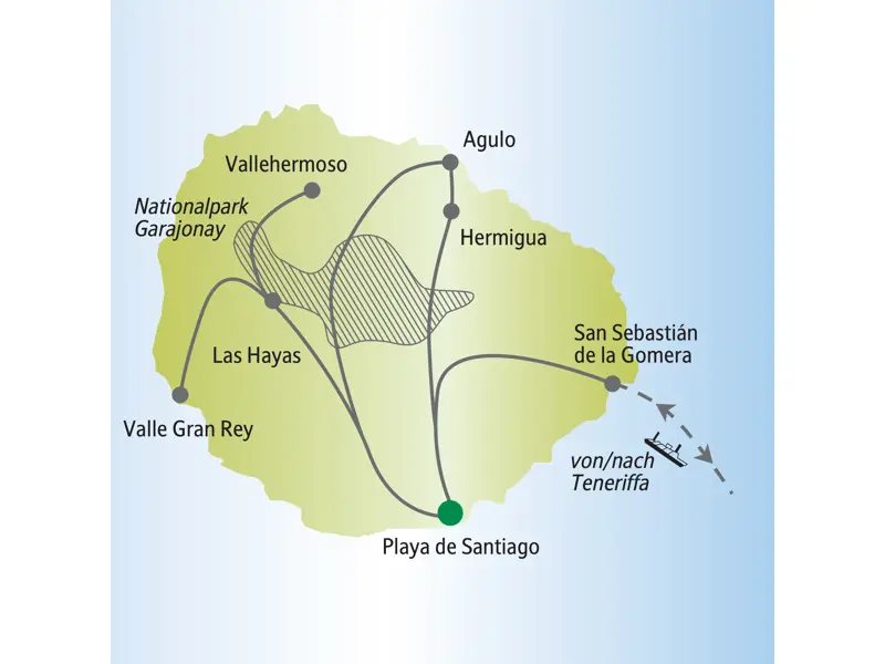 me & more-Reise nach La Gomera: Übersichtskarte der Ausflüge ab/bis Playa de Santiago nach Valle Gran Rey, San Sebastián, Hermigua, Agulo und den Nationalpark Garajonay.