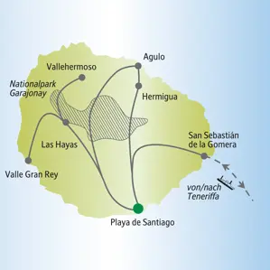 me & more-Reise nach La Gomera: Übersichtskarte der Ausflüge ab/bis Playa de Santiago nach Valle Gran Rey, San Sebastián, Hermigua, Agulo und den Nationalpark Garajonay.