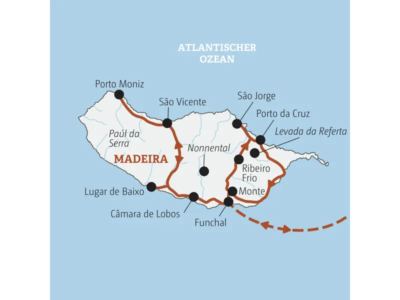 Übersichtskarte der Marco Polo Rundreise auf Madeira mit der Route von Funchal über Câmara de Lobos, Porto Moniz und Monte.