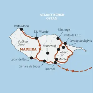 Übersichtskarte der Marco Polo Rundreise auf Madeira mit der Route von Funchal über Câmara de Lobos, Porto Moniz und Monte.