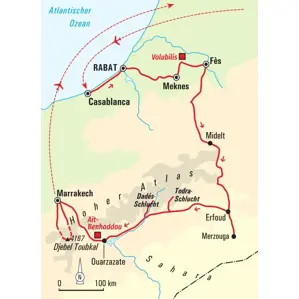Reiseroute der Trekkingreise durch Marokko von Casablanca über die Königsstädte Fès und Marrakech bis zum Djebel Toubkal.