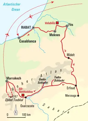 Reiseroute der Trekkingreise durch Marokko von Casablanca über die Königsstädte Fès und Marrakech bis zum Djebel Toubkal.