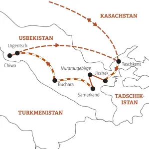Karte der Gruppenreise für YOUNG LINER in Usbekistan: Route von Taschkent über Samarkand, Buchara und Chiwa.