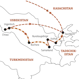 Karte der Gruppenreise für YOUNG LINER in Usbekistan: Route von Taschkent über Samarkand, Buchara und Chiwa.