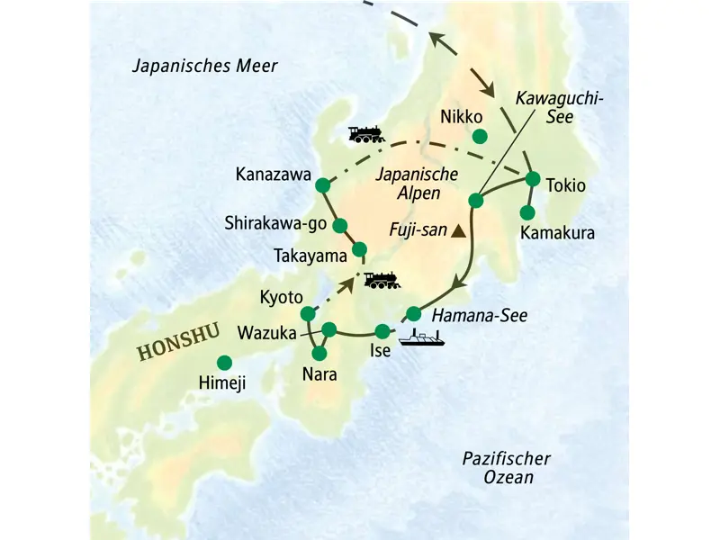 Landkarte der geführten Rundreise durch Japan von Tokio über Ise, Kyoto, Takayama und Kanazawa zurück nach Tokio.