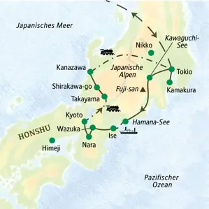 Landkarte der geführten Rundreise durch Japan von Tokio über Ise, Kyoto, Takayama und Kanazawa zurück nach Tokio.