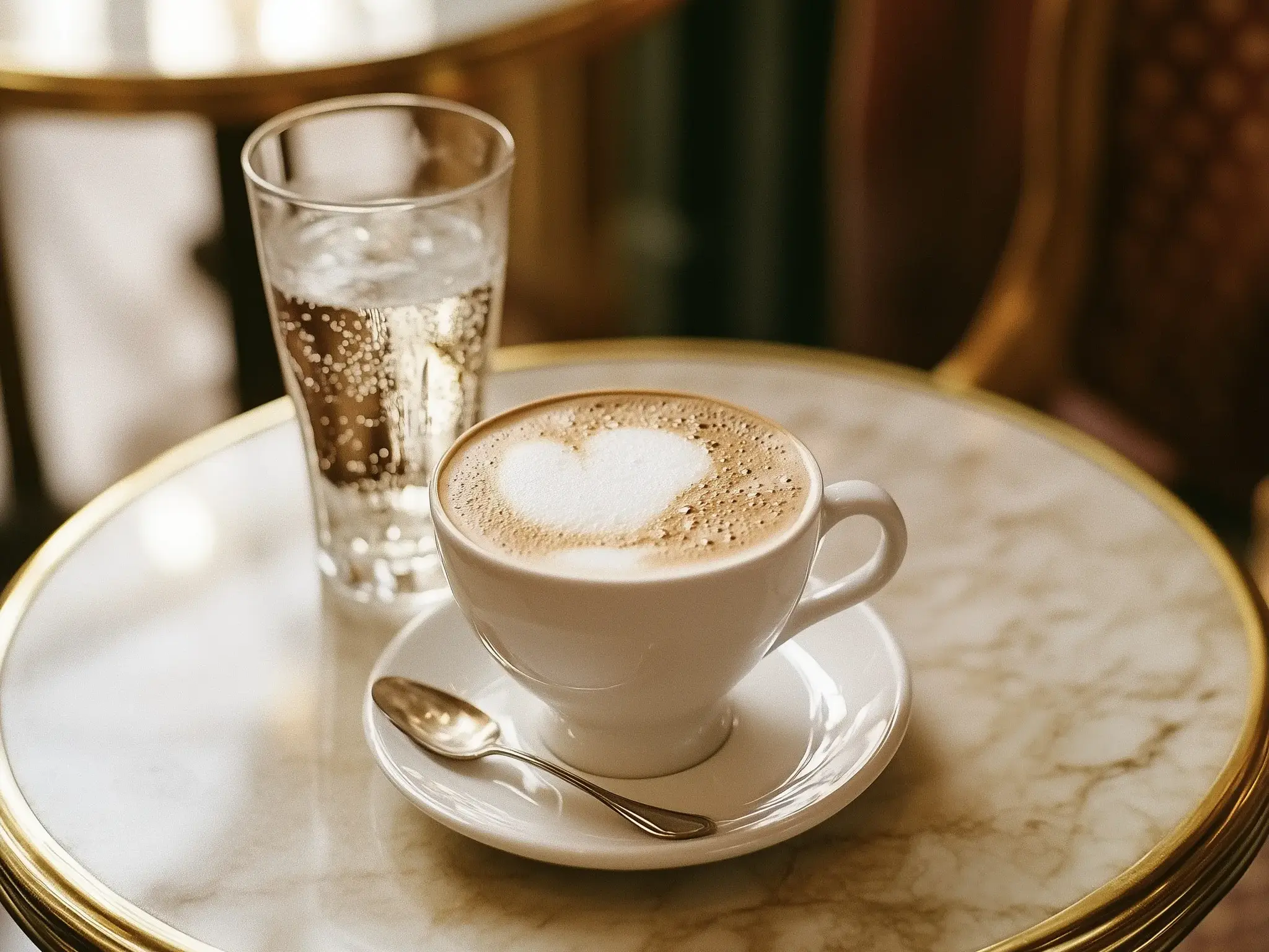 Eine Tasse Wiener Melange mit einem Herz aus Milchschaum und ein Glas Wasser in einem traditionellen Wiener Kaffeehaus.