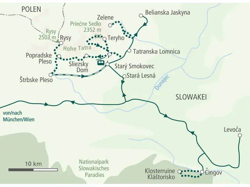 Unsere Wanderreise in der Slowakei: Karte der Route von Stará Lesná durch die Hohe Tatra und das Slowakische Paradies.