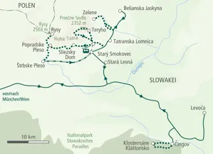 Unsere Wanderreise in der Slowakei: Karte der Route von Stará Lesná durch die Hohe Tatra und das Slowakische Paradies.