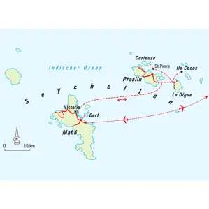 Route der Hauser Wanderreise auf den Seychellen. Inselhopping von Mahé über Praslin, La Digue und Cerf Island.