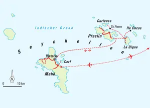 Route der Hauser Wanderreise auf den Seychellen. Inselhopping von Mahé über Praslin, La Digue und Cerf Island.