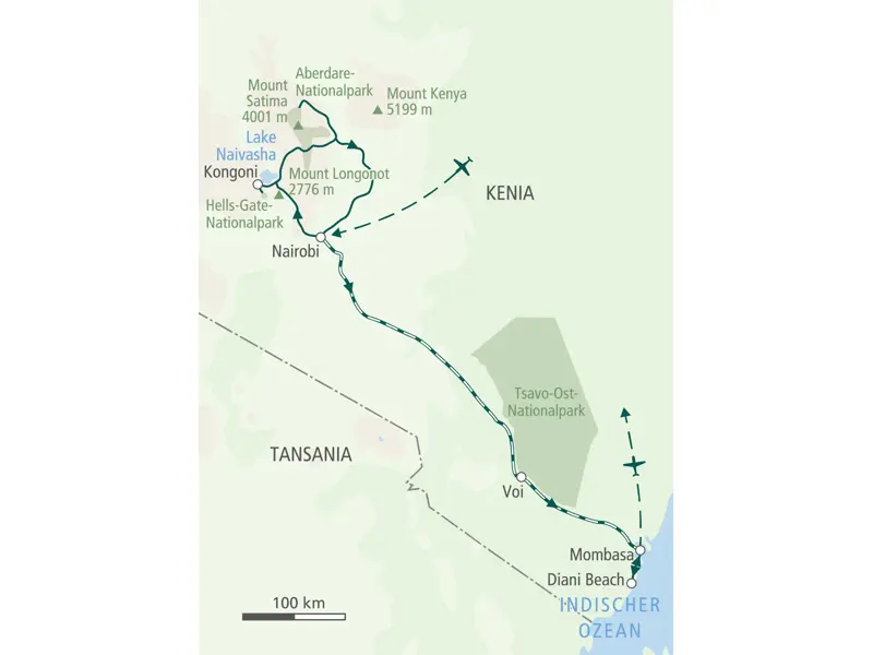 Reiseroute der Hauser Trekkingreise in Kenia: Von Nairobi zum Mount Longonot, Aberdare- und Tsavo-Ost-Nationalpark bis Diani Beach.