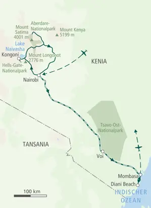 Reiseroute der Hauser Trekkingreise in Kenia: Von Nairobi zum Mount Longonot, Aberdare- und Tsavo-Ost-Nationalpark bis Diani Beach.