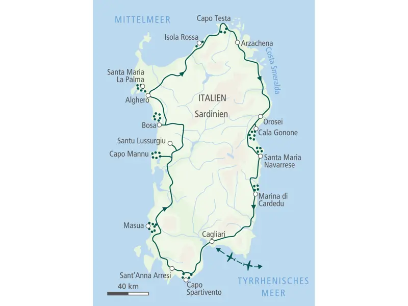 Karte der Hauser Wanderreise auf Sardinien mit der Route von Cagliari entlang der Küste über Alghero, Capo Testa und Orosei.