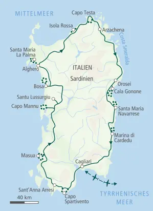 Karte der Hauser Wanderreise auf Sardinien mit der Route von Cagliari entlang der Küste über Alghero, Capo Testa und Orosei.