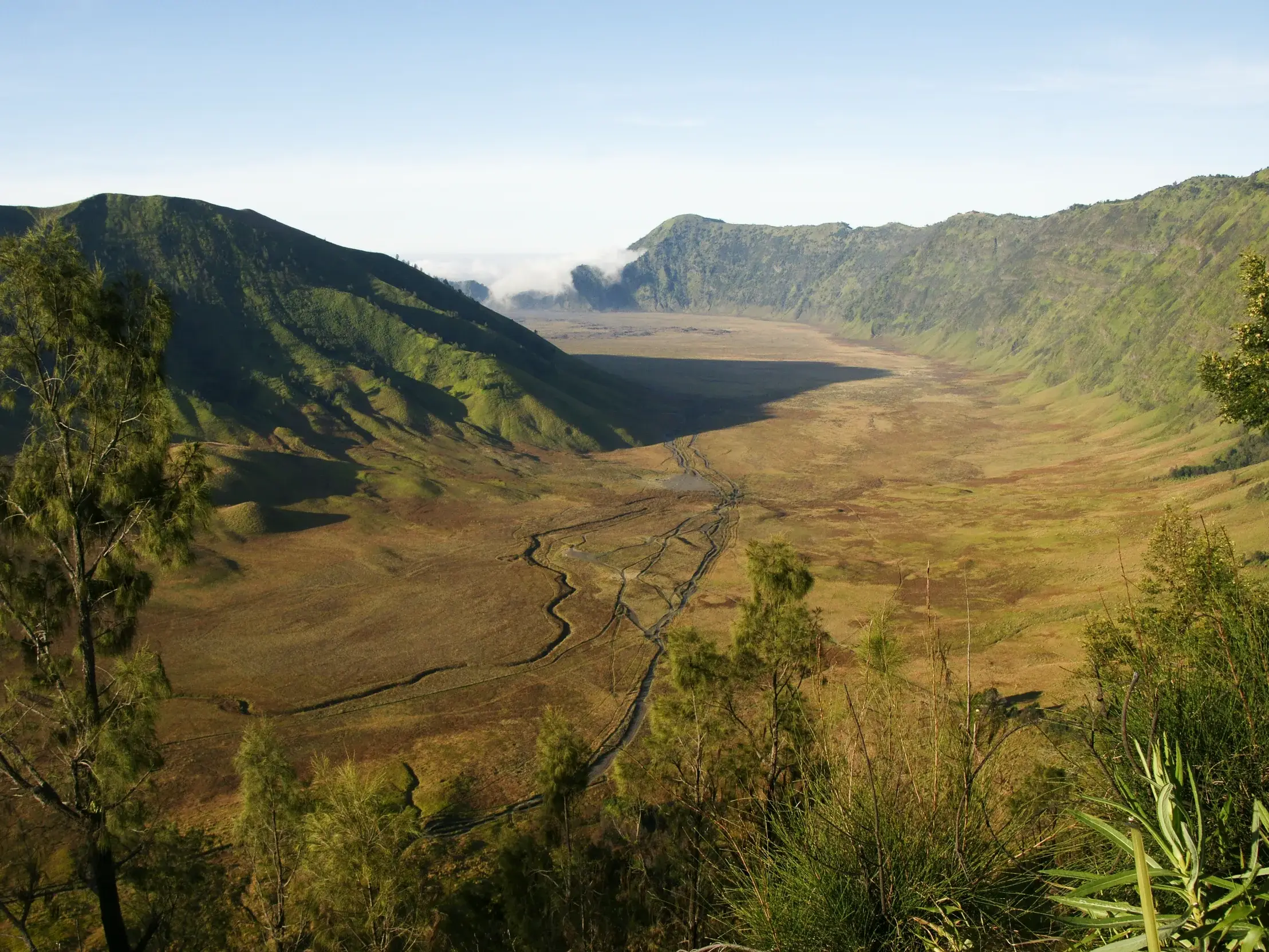 Panoramablick von einem Aussichtspunkt auf die weite Caldera des Vulkans Gunung Bromo auf Java im warmen Morgenlicht.