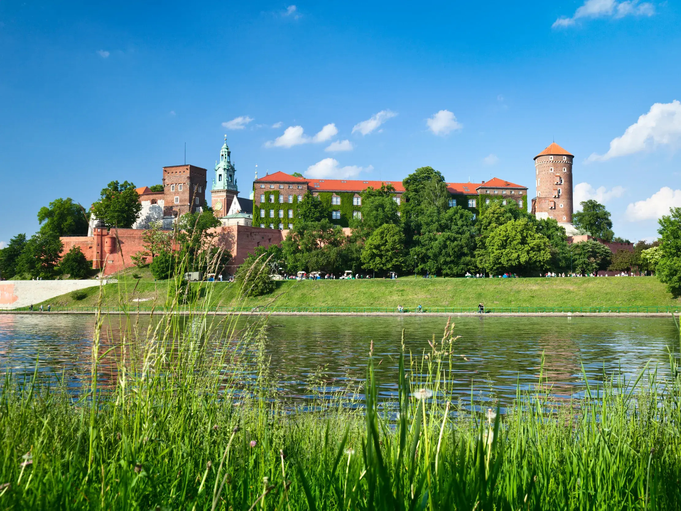 Die eindrucksvolle Königsburg Wawel thront an einem sonnigen Tag über dem Flussufer in Krakau, im Vordergrund eine grüne Wiese.