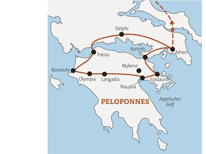 Karte der Marco Polo Rundreise durch Griechenland: Die Route führt von Athen über Delphi, Olympia und Nauplia auf dem Peloponnes.