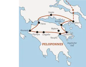 Karte der Marco Polo Rundreise durch Griechenland: Die Route führt von Athen über Delphi, Olympia und Nauplia auf dem Peloponnes.