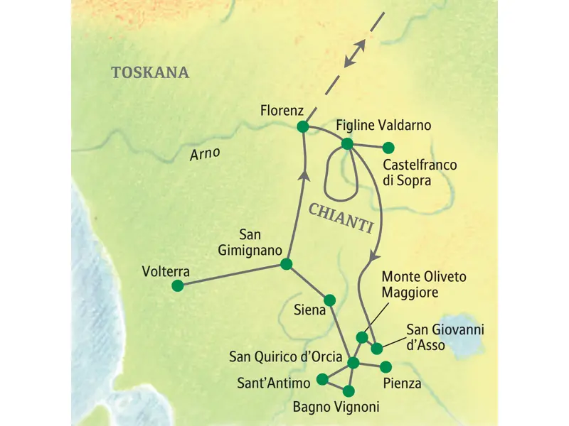Reiseroute der Wanderreise in der Toskana, von Florenz über das Chianti, Siena und San Gimignano nach Volterra.