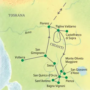 Reiseroute der Wanderreise in der Toskana, von Florenz über das Chianti, Siena und San Gimignano nach Volterra.
