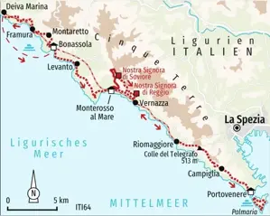 Routenverlauf der Wanderreise in der Cinque Terre von Bonassola über Monterosso al Mare und Riomaggiore bis nach Portovenere.