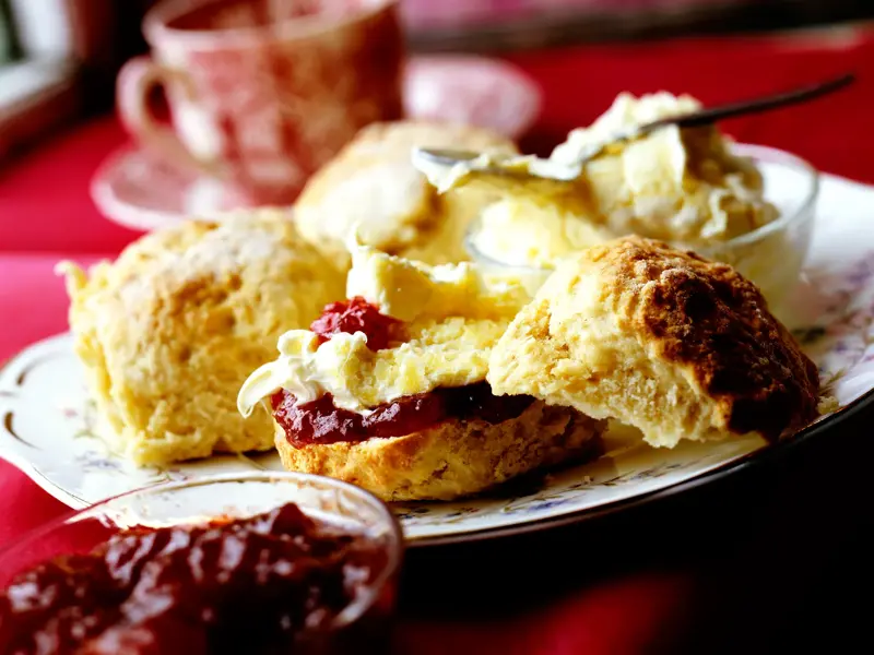 Traditioneller Cream Tea mit Scones, Clotted Cream und Marmelade, serviert im Café der Porzellanmanufaktur Wedgwood in England.