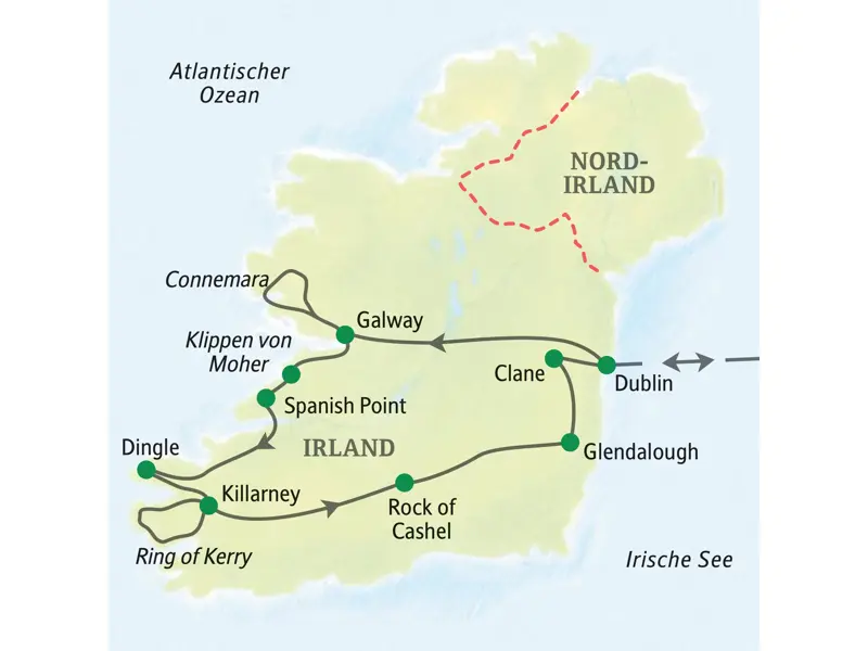 Route der Studiosus Studienreise durch Irland: von Dublin über Galway, die Cliffs of Moher, Killarney und den Rock of Cashel.