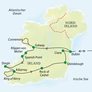 Route der Studiosus Studienreise durch Irland: von Dublin über Galway, die Cliffs of Moher, Killarney und den Rock of Cashel.