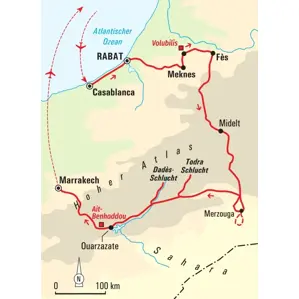 Karte der Trekkingreise in Marokko. Route von Casablanca über Fès und die Sahara mit Wüstentrekking bis nach Marrakech.