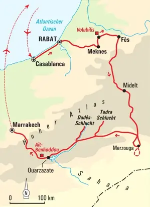 Karte der Trekkingreise in Marokko. Route von Casablanca über Fès und die Sahara mit Wüstentrekking bis nach Marrakech.