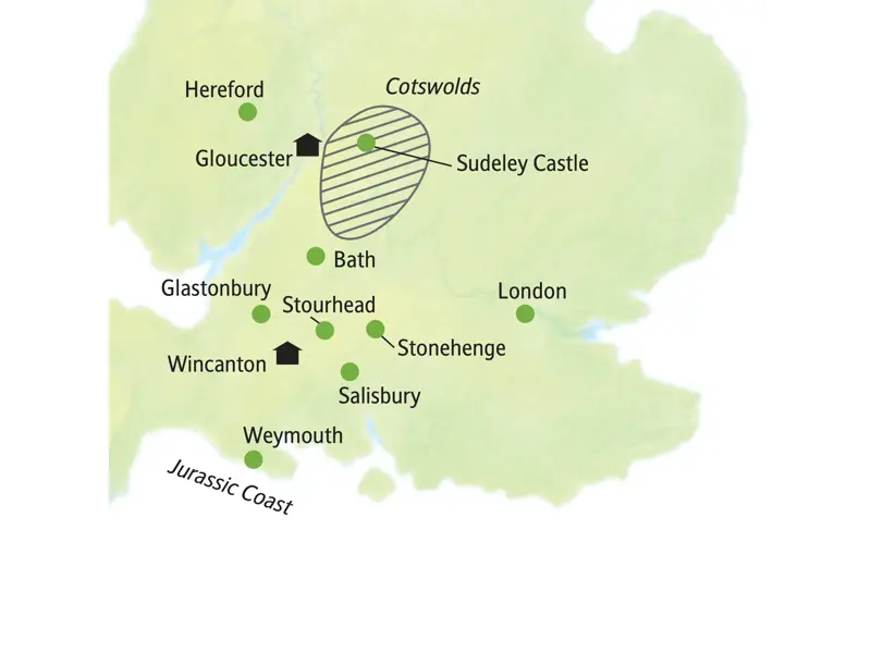 Reiseroute der Studienreise in Südengland, von London über Stonehenge und Bath bis zur Jurassic Coast und den Cotswolds.