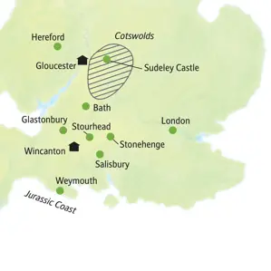 Reiseroute der Studienreise in Südengland, von London über Stonehenge und Bath bis zur Jurassic Coast und den Cotswolds.