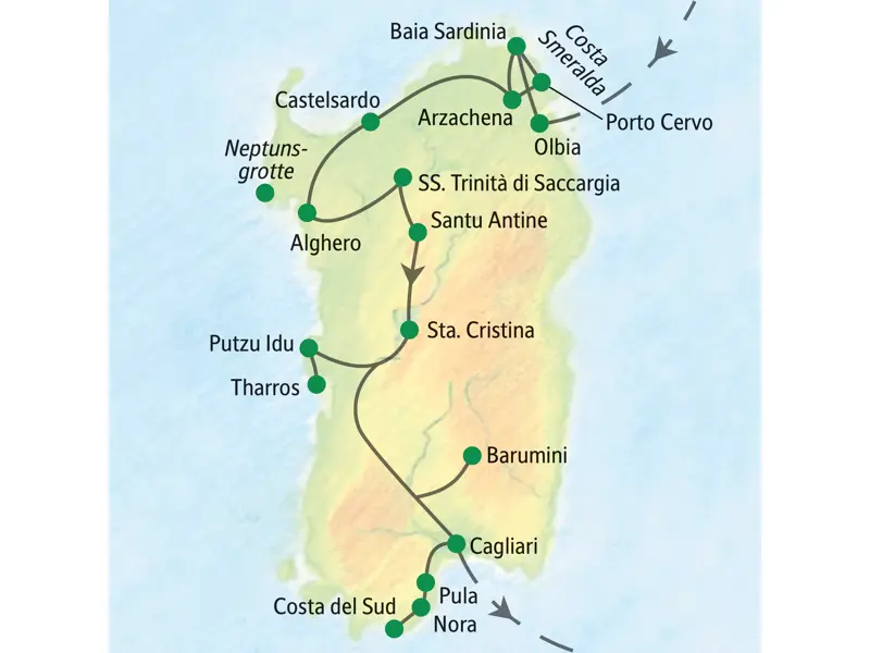 Karte der geführten Rundreise auf Sardinien von Olbia im Norden über Alghero, Barumini und Pula bis Cagliari im Süden.