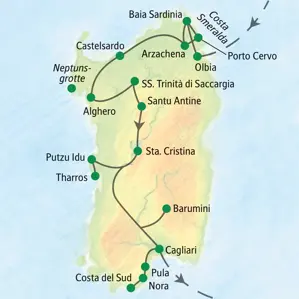 Karte der geführten Rundreise auf Sardinien von Olbia im Norden über Alghero, Barumini und Pula bis Cagliari im Süden.