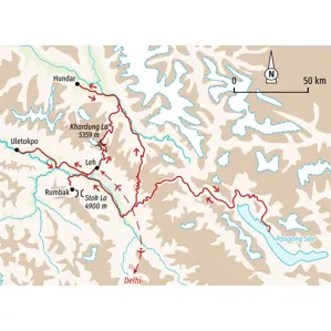 Karte unserer Wanderreise in Ladakh: Flug von Delhi nach Leh und Route mit Wanderungen nach Uletokpo, Hundar und zum Pangong See.