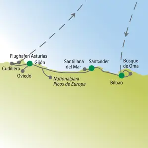 Karte der me & more-Reise von Studiosus durch Nordspanien von Bilbao über Santander nach Gijón.