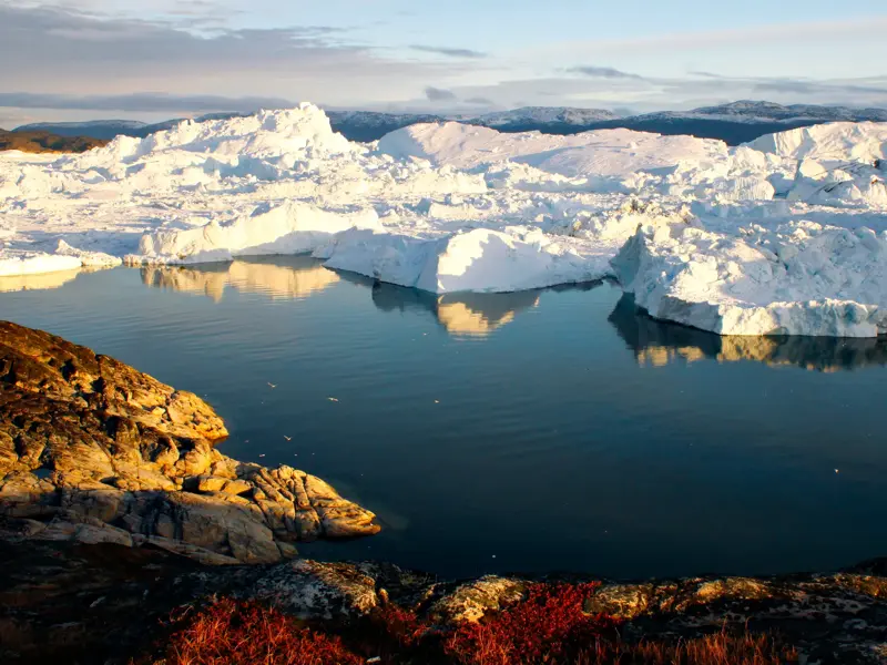 Goldene Abendsonne scheint auf die felsige Küste und die riesigen Eisberge im Ilulissat-Eisfjord in Westgrönland.