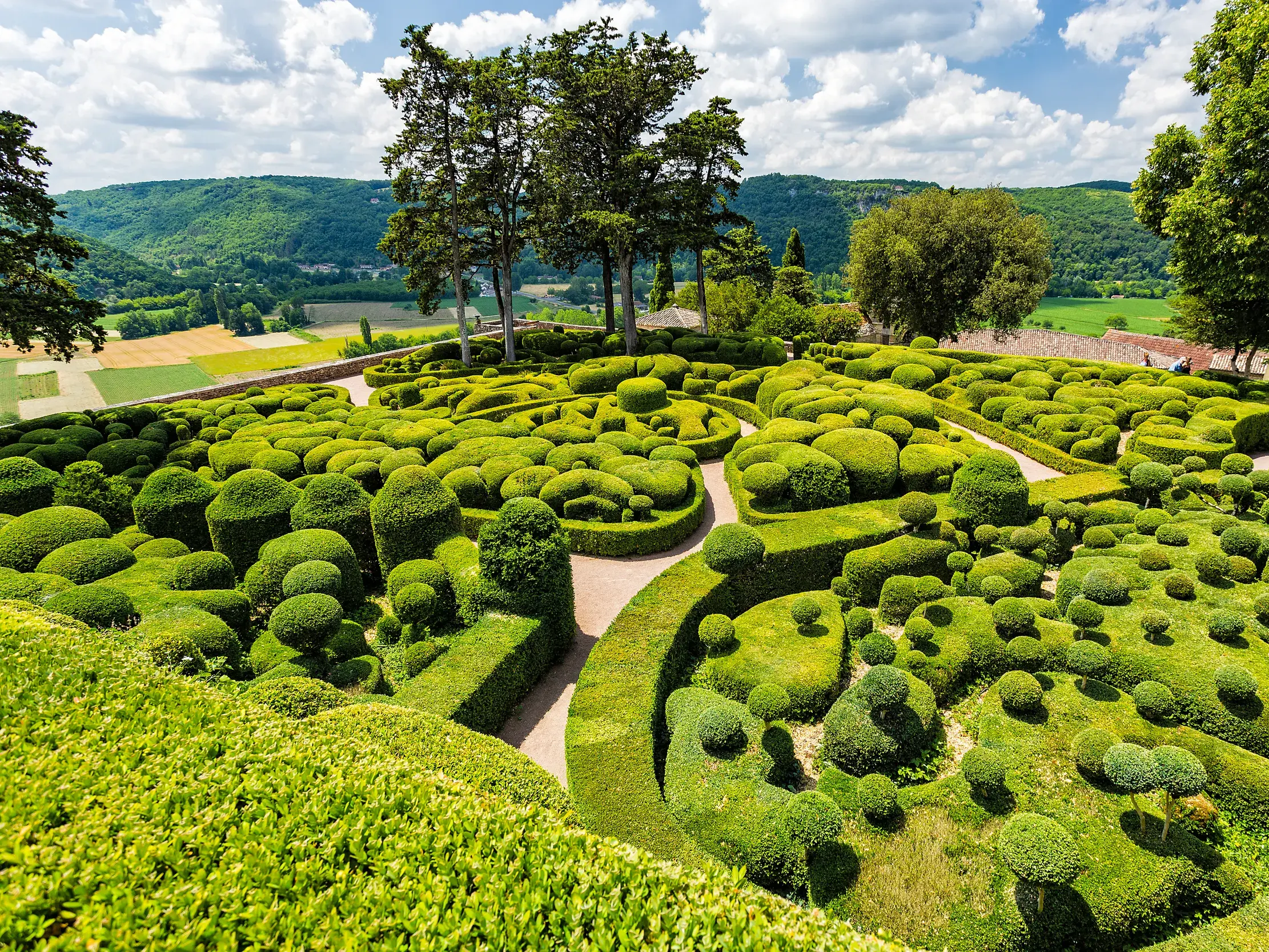 Blick von den Gärten von Marqueyssac mit kunstvoll geschnittenen Buchsbaumhecken auf das grüne Dordogne-Tal während einer Studiosus-Studienreise.