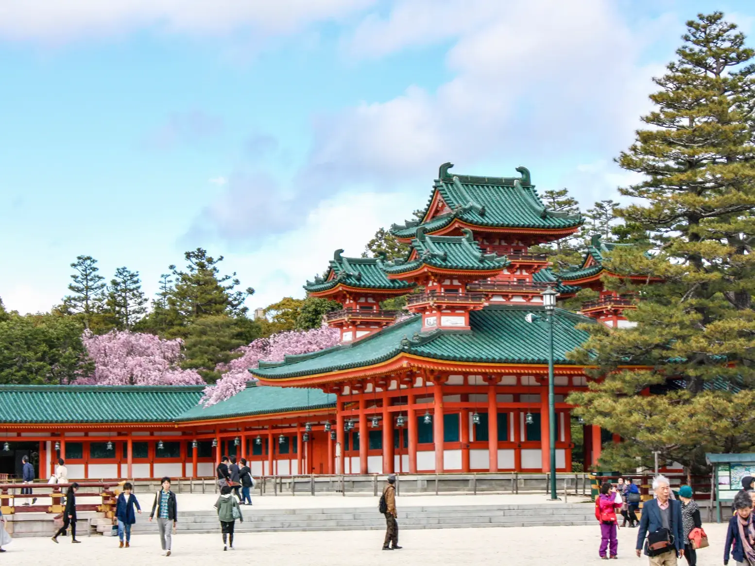 Reisende spazieren vor dem leuchtend roten Heian-Schrein in Kyoto, umgeben von blühenden Kirschbäumen im Frühling.