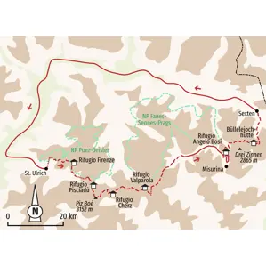 Karte der Dolomiten-Durchquerung: Die Trekking-Route führt von St. Ulrich im Grödnertal bis zu den Drei Zinnen bei Sexten.
