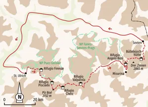 Karte der Dolomiten-Durchquerung: Die Trekking-Route führt von St. Ulrich im Grödnertal bis zu den Drei Zinnen bei Sexten.