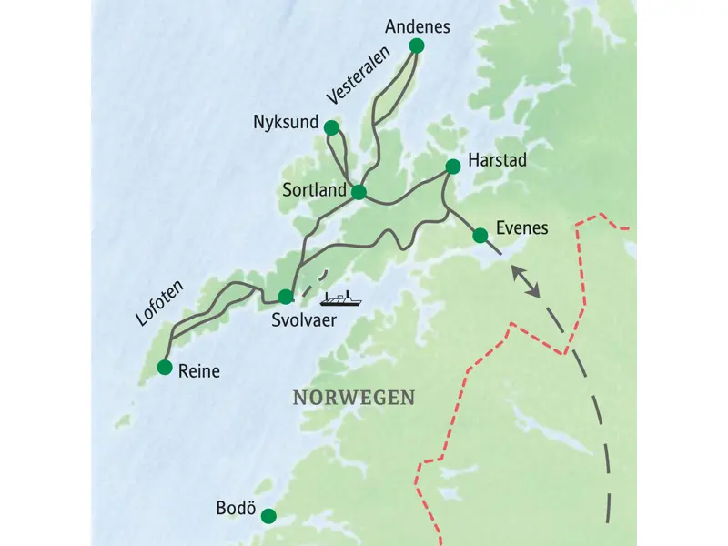 Karte der Studiosus-Studienreise in Nordnorwegen: Route von Harstad über die Vesteralen und Lofoten bis nach Svolvaer und Reine.