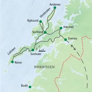 Karte der Studiosus-Studienreise in Nordnorwegen: Route von Harstad über die Vesteralen und Lofoten bis nach Svolvaer und Reine.