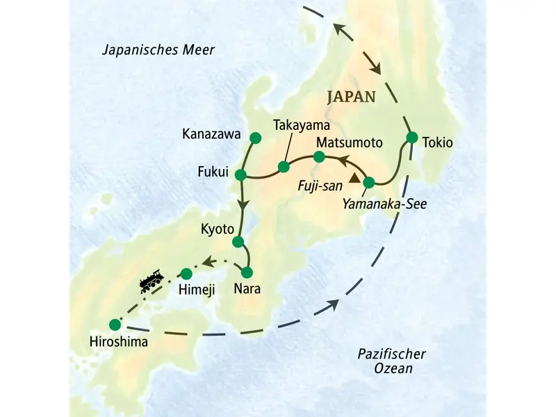 Karte der geführten Rundreise in Japan: Die Studienreise startet in Tokio und führt über Kyoto und Himeji nach Hiroshima.
