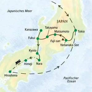 Karte der geführten Rundreise in Japan: Die Studienreise startet in Tokio und führt über Kyoto und Himeji nach Hiroshima.