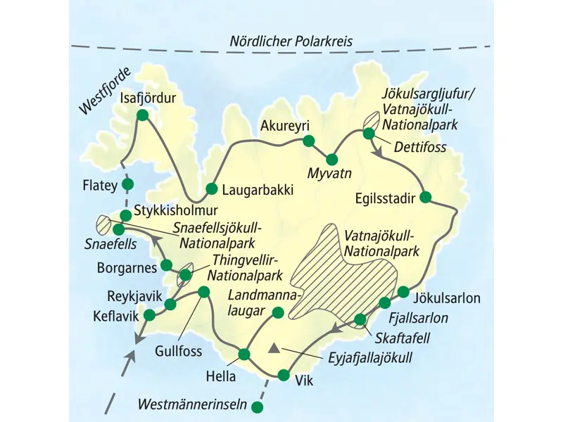 Karte der umfassenden Studiosus Island-Studienreise mit Route zu Westfjorden, Akureyri, Westmännerinseln und Hochland.