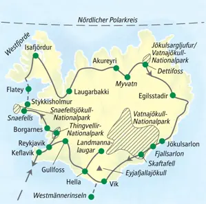 Karte der umfassenden Studiosus Island-Studienreise mit Route zu Westfjorden, Akureyri, Westmännerinseln und Hochland.