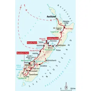Reiseroute der Trekkingreise durch Neuseeland von der Süd- zur Nordinsel, mit Routeburn Track, Heaphy Track & Abel Tasman NP.